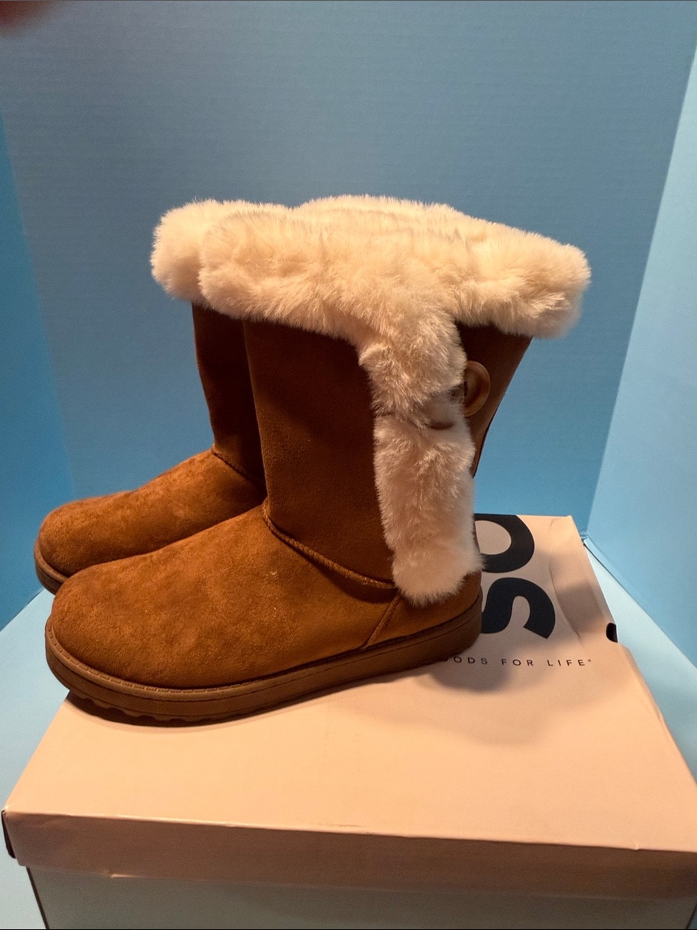 SO Chestnut Faux Suede Boots with Cream Faux Fur Cuff